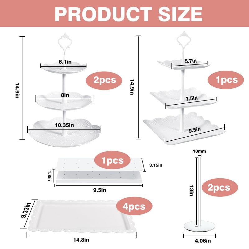 10 Pcs Dessert Table Display Set Cupcake Stand White Plastic Cake Stand Holder 3 Tire Cake Display Stands Cookie Tray Rack Serving Tower Cake Pop Stand Donut Stand for Wedding Baby Shower Tea Party