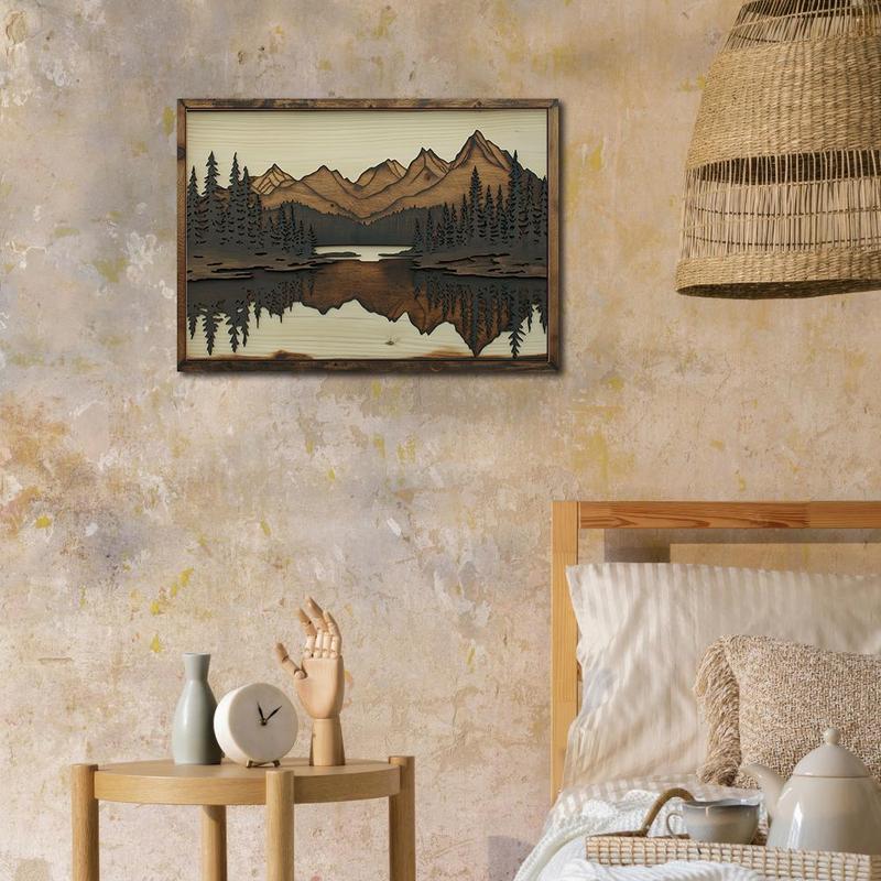 Wooden Painting Hanging Sign Decor, 1 Count Mountain & Lake & Forest Pattern Wall Art Decoration, Wall Decor for Home Farmhouse Living Room Office