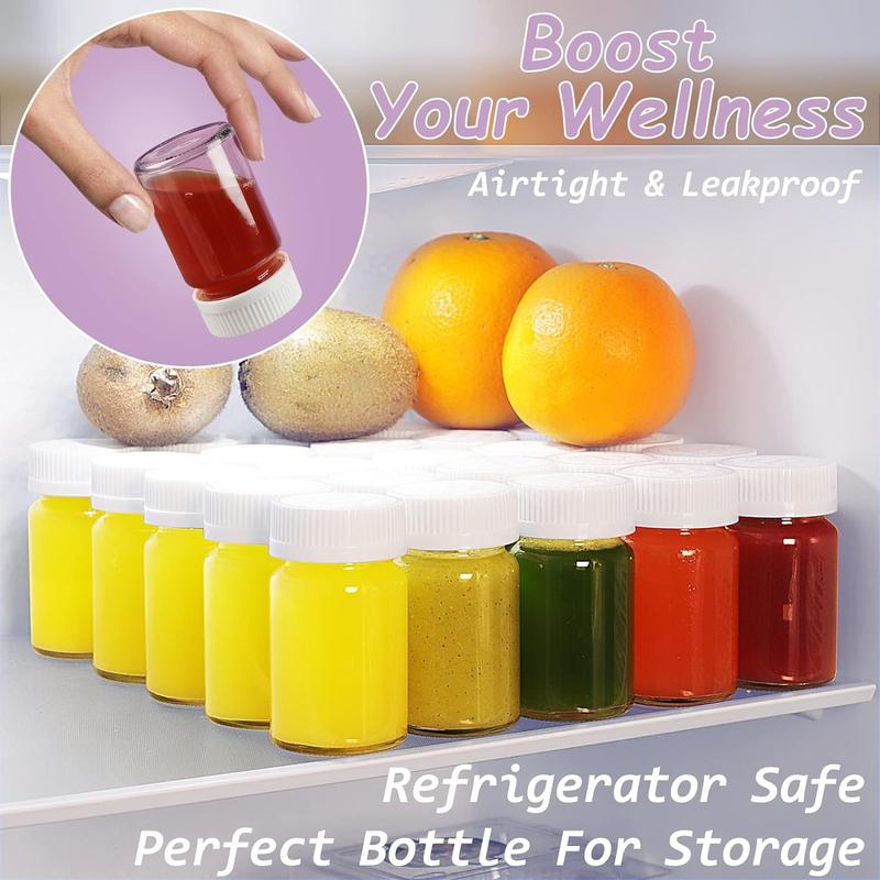 8 Pack 2.5 Oz Wide Mouth Juice Shot Bottles with 8 Sealed Press Screw Caps & 4 Airtight Lids! Small Glass Ginger Shot Bottles for Oil, Ginger, Travel Bottle, Reusable and Dishwasher Safe