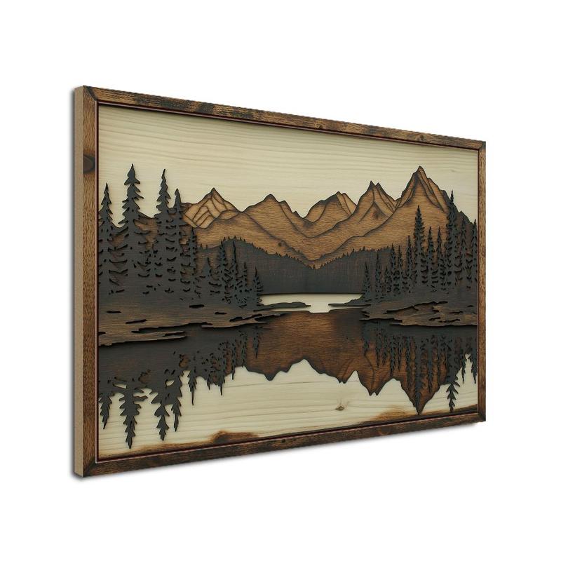 Wooden Painting Hanging Sign Decor, 1 Count Mountain & Lake & Forest Pattern Wall Art Decoration, Wall Decor for Home Farmhouse Living Room Office