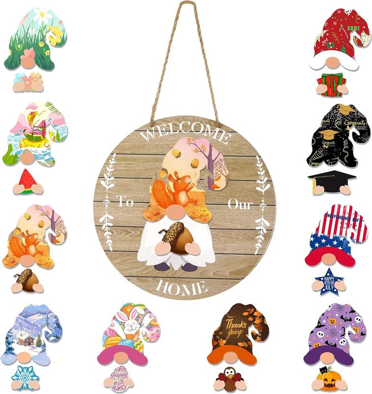 Interchangeable Welcome Sign Wooden Gnome Decoration for Home with 20 Removable Accessories for Spring Summer Fall Winter Halloween Christmas, Gnome