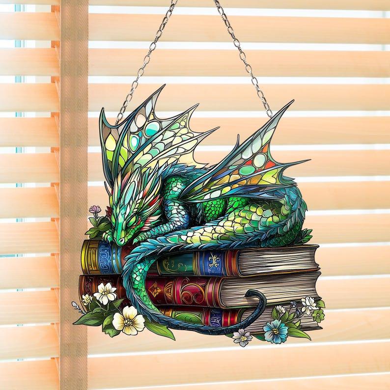 Dragon Sleep Over Books Acrylic, Suncatcher Dragon Love Book Window Hanging, Book Lover Gift Bookish, Home Librarian Gift Hangable Ornaments