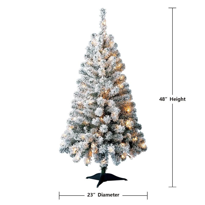 4’ Pre-Lit Greenfield Flocked Pine Artificial Christmas Tree, Clear LED Lights Slide Topper Ornaments Decoration