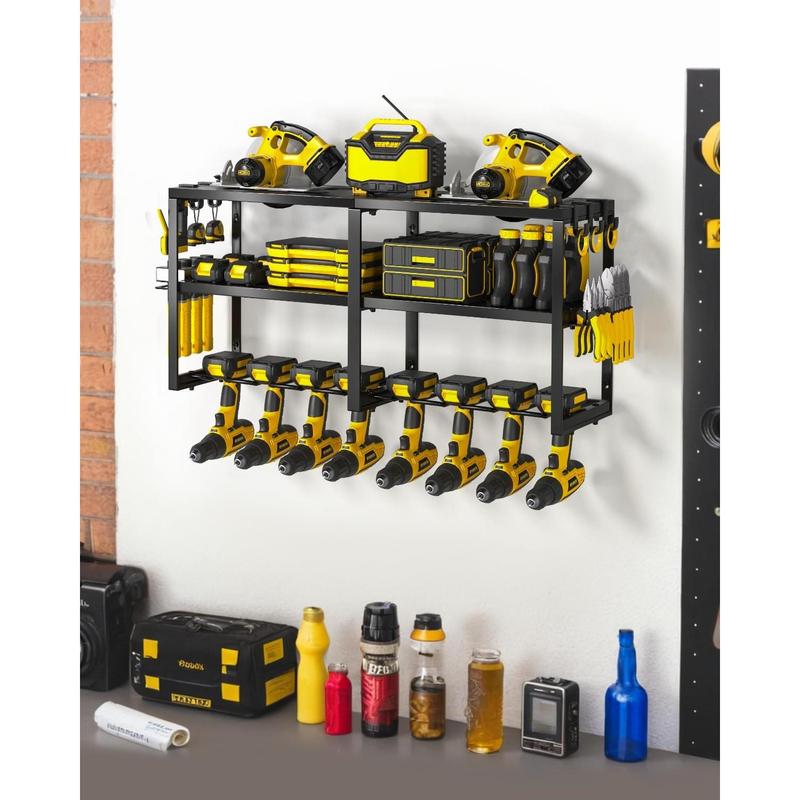 Power Tool Organizer Wall Mount, Heavy Duty Utility Tool Rack with 8 Drill Holders and 3-Layer High Capacity Storage Rack for Cordless Tool Screwdriver Plier Hammer Holder Installation