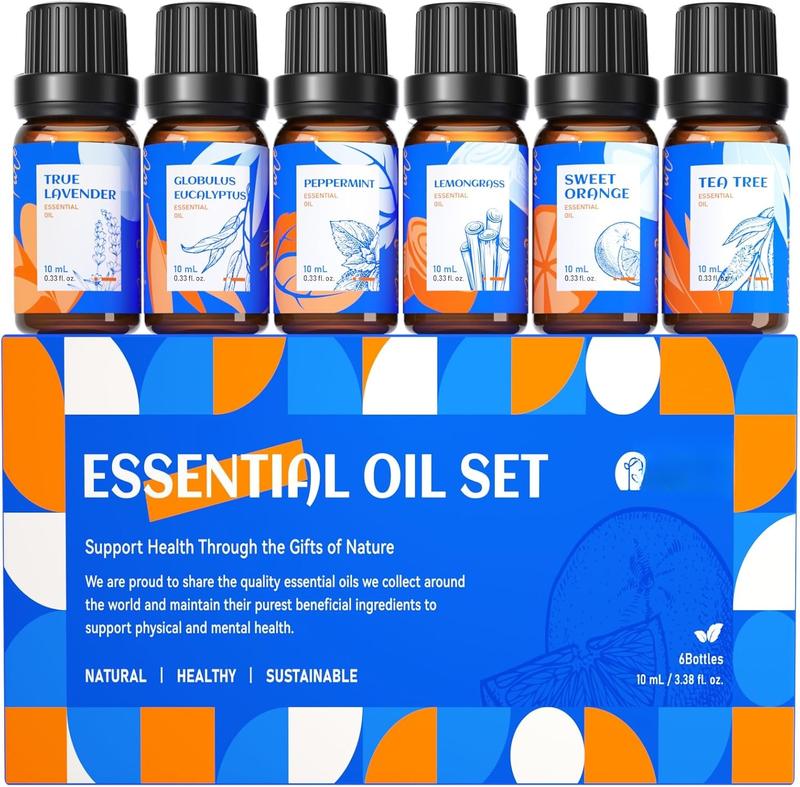 Essential Oils for Diffusers for HomeTop 6 Gift Essential Oil SetInclude Lavender, Orange, Peppermint, Tea Tree, Eucalyptus, LemongrassBeginner Kit10ML*6