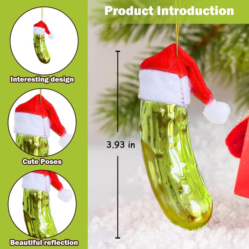 Pickle Ornament for Christmas Tree, Glass Pickle Ornaments in Santa Hat, Xmas Hanging Decor Tradition Blown Glass Ornament Keepsake Gifts