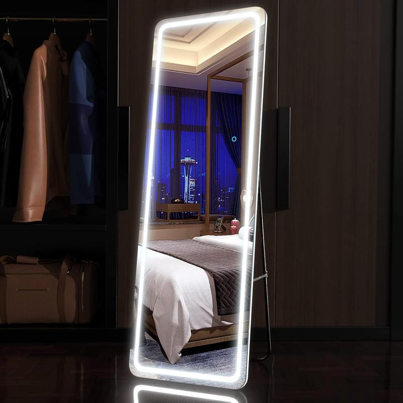 LED Long Floor Mirror with Adjustable 3 Color LED Light, Sturdy Dimmable Full Length Mirror with Stand, Wall Mounted Hanging christmas 2024 ornament for Home, 64*21 Decor