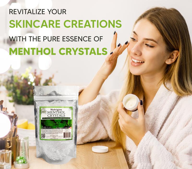 Menthol Crystals 2 oz - 100% Pure Organic Natural Mint - Mentha Arvensis - Perfect for DIY Soaps, Balms & Skincare - Resealable Bag for Freshness