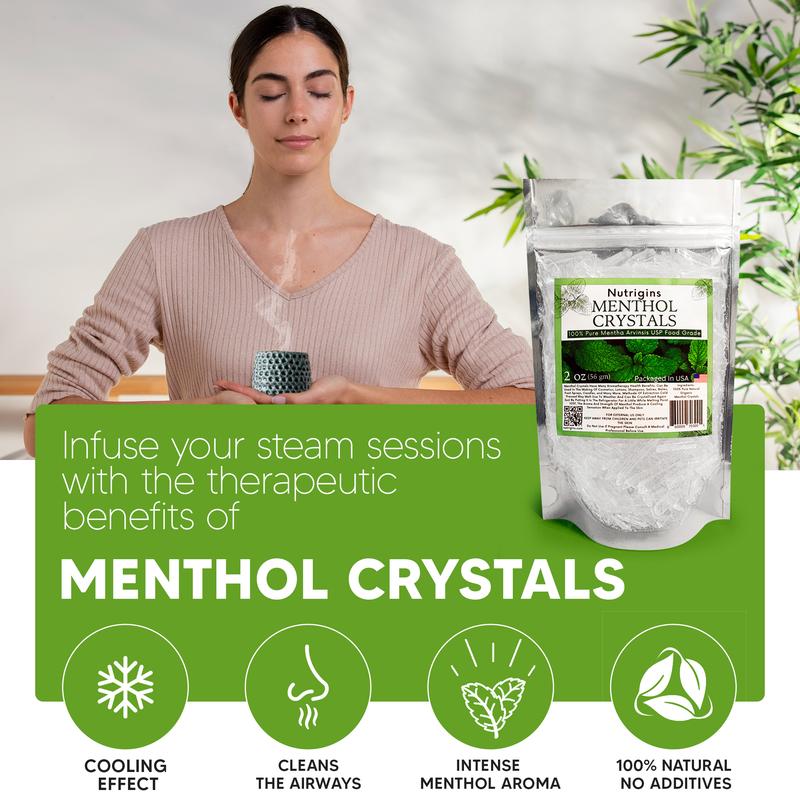 Menthol Crystals 2 oz - 100% Pure Organic Natural Mint - Mentha Arvensis - Perfect for DIY Soaps, Balms & Skincare - Resealable Bag for Freshness