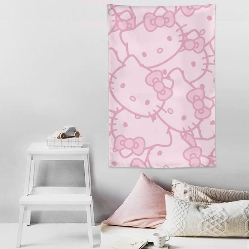 Hello Cartoon Kitty  Cat Tapestry Aesthetic Cute Room Decor Anime Tapestry Birthday Decorations Wall Hanging Gifts for Teen Girl Bedroom Living Room