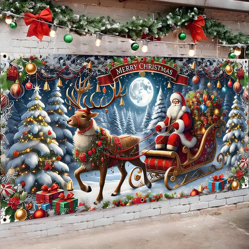 Christmas Themed Garage Door Banner, 1 Count Santa Claus & Reindeer Pattern Garage Door Decoration Flag, Festive & Party Supplies for Home Decor