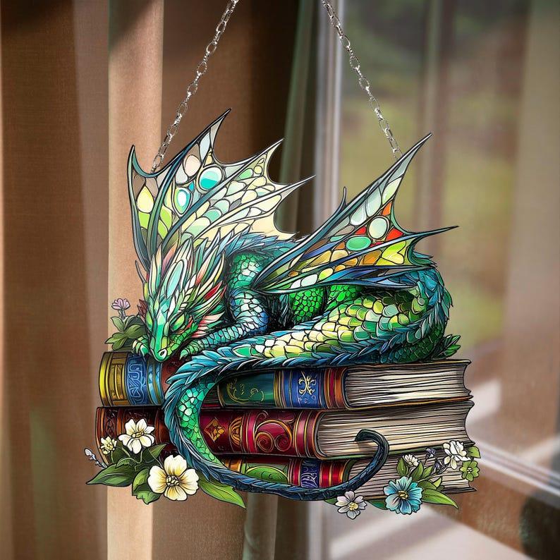 Dragon Sleep Over Books Acrylic, Suncatcher Dragon Love Book Window Hanging, Book Lover Gift Bookish, Home Librarian Gift Hangable Ornaments