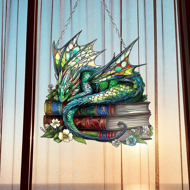 Dragon Sleep Over Books Acrylic, Suncatcher Dragon Love Book Window Hanging, Book Lover Gift Bookish, Home Librarian Gift Hangable Ornaments