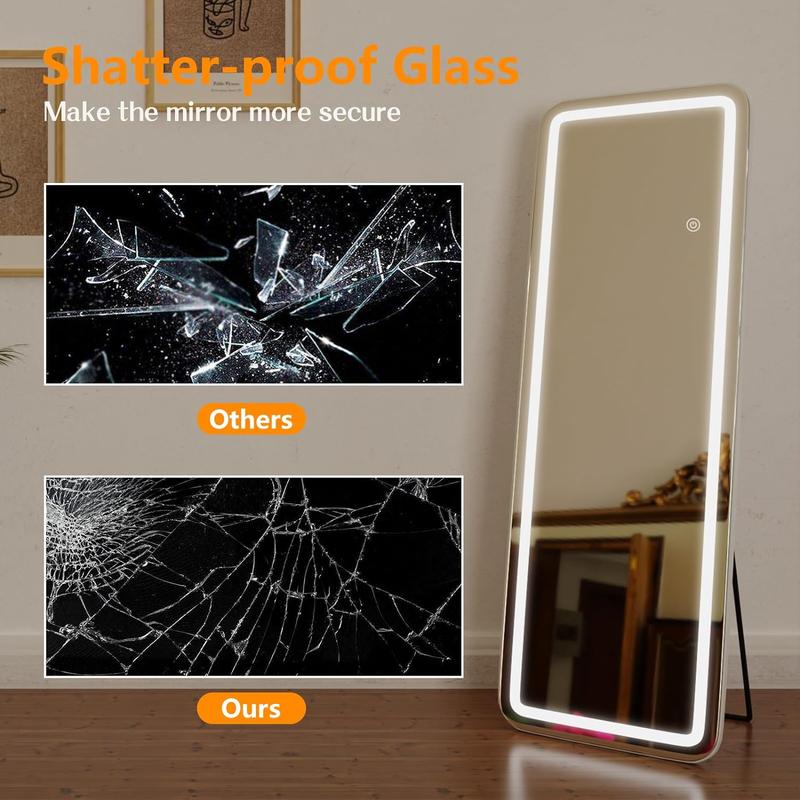 LED Long Floor Mirror with Adjustable 3 Color LED Light, Sturdy Dimmable Full Length Mirror with Stand, Wall Mounted Hanging christmas 2024 ornament for Home, 64*21 Decor