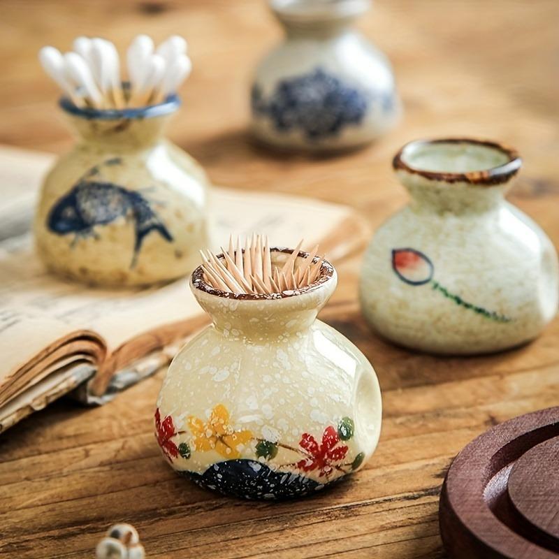 Vintage Ceramic Toothpick Holder, 1 Count Fish Flower Pattern Toothpick Storage Jar, Toothpick Organizer for Home Kitchen Restaurant Coffee Shop