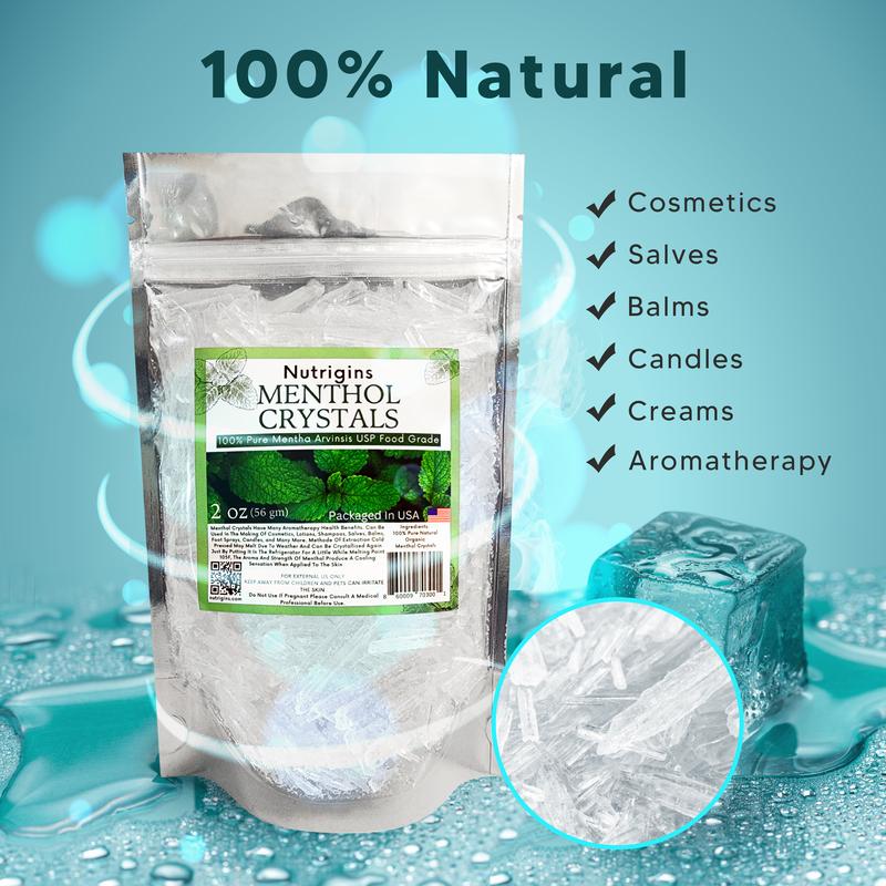 Menthol Crystals 2 oz - 100% Pure Organic Natural Mint - Mentha Arvensis - Perfect for DIY Soaps, Balms & Skincare - Resealable Bag for Freshness