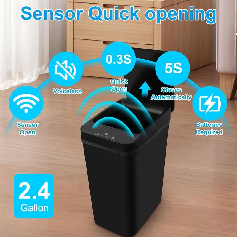 Bathroom Trash can,Smart Touchless Trash Can,Automatic Motion Sensor Compost Bin with Lid,2.4 Gallon Plastic PP Rubbish Can, Kitchen, Bathroom, Office, Bedroom Trash can (Black)