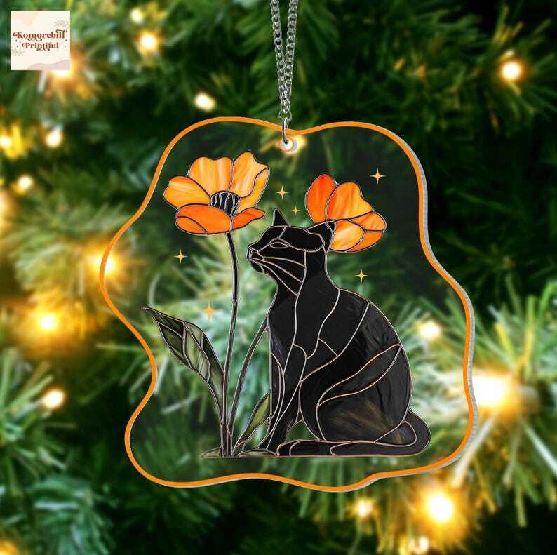 Black Cat and Flower Acrylic Ornament, Cat Lovers Gift, Wildflower with Cat Window Hanging, Remembrance Gift, Gift for Mom, Home Decor Art