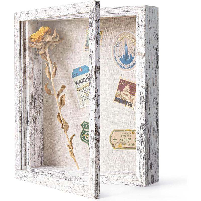 8x10 Shadow Box Frame with Linen Back - Real Glass, Push Pins Included, Sturdy Rustic Memory Display Case, Distressed White