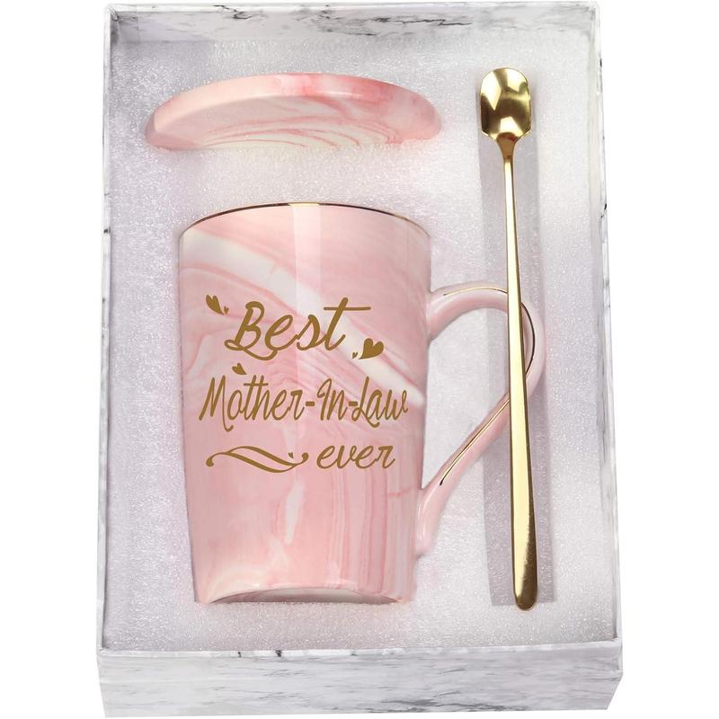 Mother In Law Coffee Mugs Best Mother In Law Gifts Birthday Mothers Day Gifts from Daughter Son In Law 14 Ounce Pink with Gift Box Spoon Coaster