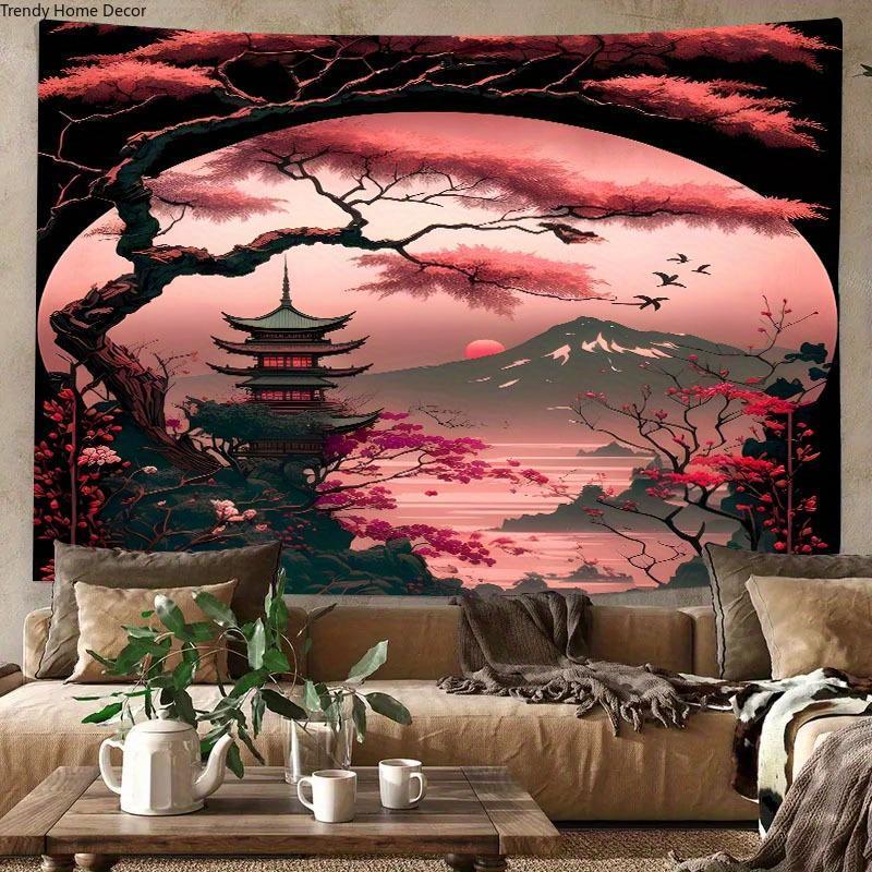 Christmas 2024 Ornament - Vibrant Japanese-Style Red Mountain Lake Tapestry - Premium Polyester Wall Hanging for Living Room, Bedroom, Dorm Decor - Easy Installation, Free Package, Perfect Gift for Friends, Boyfriend, Girlfriend