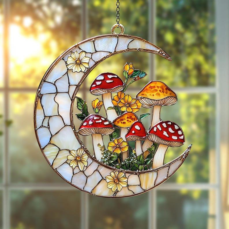 Mushrooms With Moon ACRYLIC SUNCATCHER Mushroom Forest Window Hanging Ornament Gift For Plant Mom Plant Lover Gardening Gift