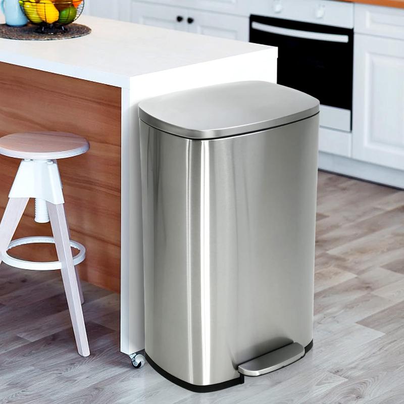 13 Gallon Trash Can, Brushed Stainless Steel Kitchen Trash Can with Soft-close Lid, Fingerprint-resistant Kitchen Garbage Can with Foot Pedal and Inner Bucket, Odor Proof Trash Can Garbage Can, Silver