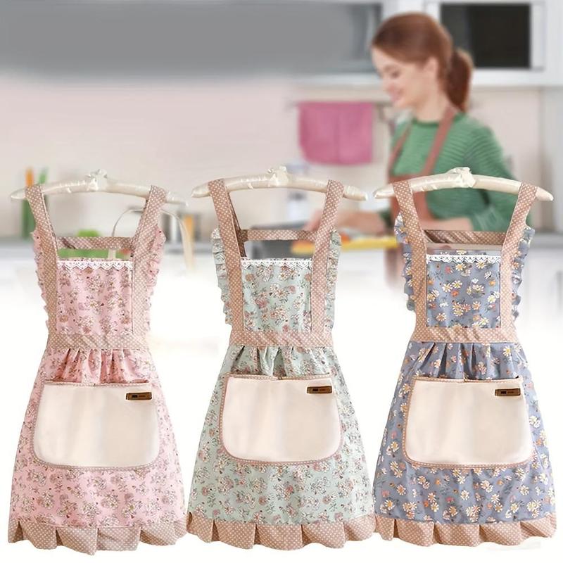 Floral Print Apron with Pocket, 1 Count Waterproof & Oil-resistant Apron, Breathable Cooking Apron for Women, Home Care Supplies