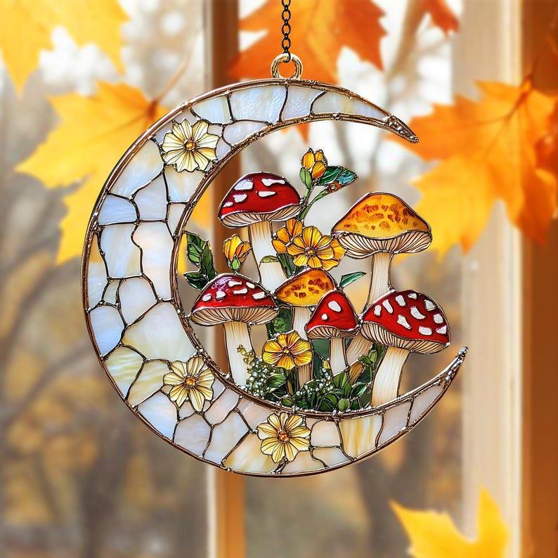 Mushrooms With Moon ACRYLIC SUNCATCHER Mushroom Forest Window Hanging Ornament Gift For Plant Mom Plant Lover Gardening Gift