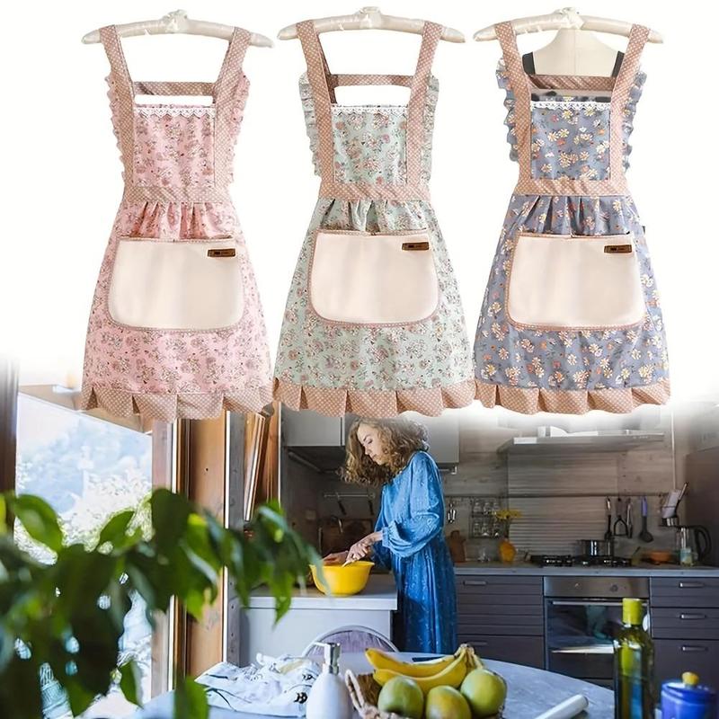 Floral Print Apron with Pocket, 1 Count Waterproof & Oil-resistant Apron, Breathable Cooking Apron for Women, Home Care Supplies