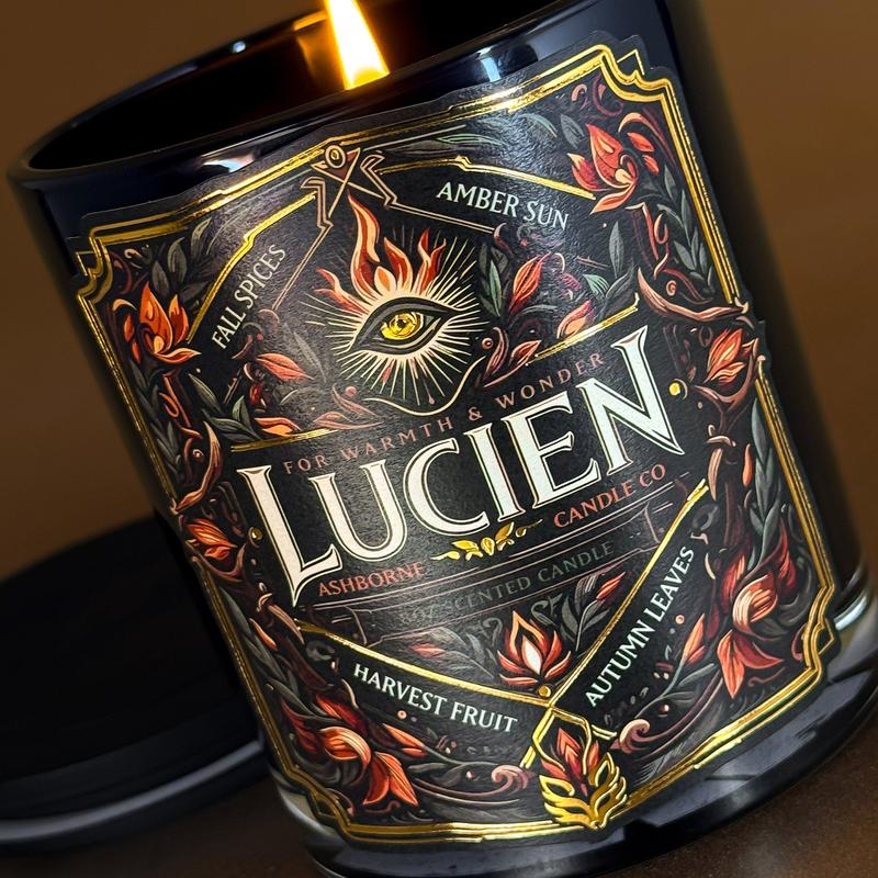 Lucien - ACOTAR inspired 8oz Scented Candle - Fall Spices, Amber Sun, Harvest Fruit, Autumn Leaves - Natural Coconut Wax - 35 h Burn Time - Premium Foil Label