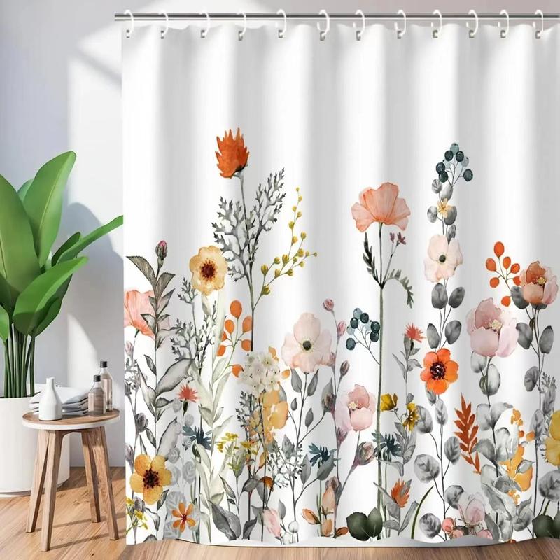 Floral Print Shower Curtain, 1 Count Waterproof Bathroom Shower Curtain with 12pcs Hooks, Bathroom Supplies