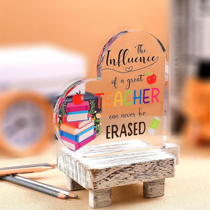 Teacher Appreciation Gift, 1 Count Back To School Gift, Book Pattern Heart Shaped Acrylic Plaque, Desktop Ornament for Home Office School