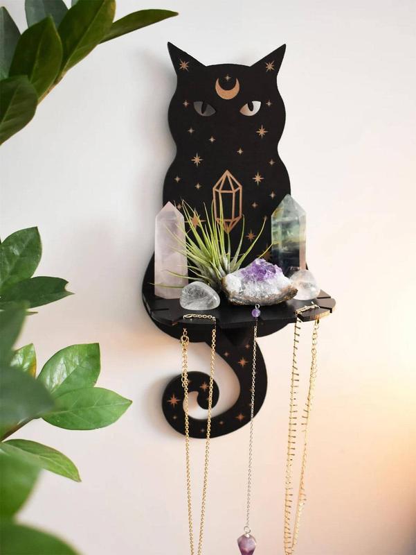 Black Cat Crystal Display Shelf with Hanging Hooks for Stones Display