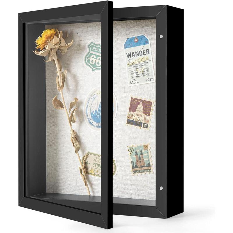 8x10 Shadow Box Frame with Linen Back - Real Glass, Push Pins Included, Sturdy Rustic Memory Display Case, Distressed White