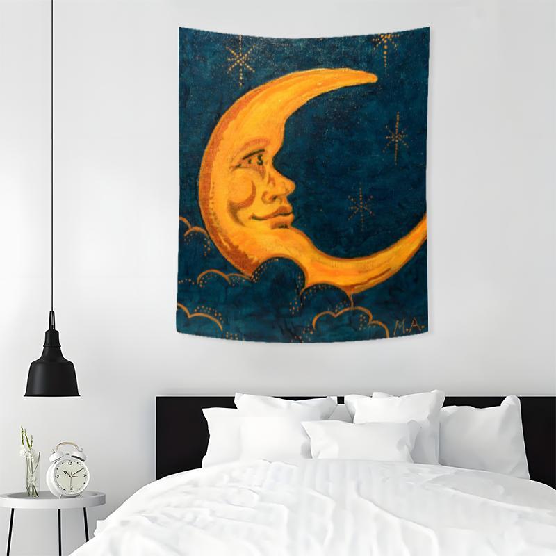 Vintage Crescent Moon Pattern Tapestry, 1 Count Aesthetic Wall Hanging Decor, Polyester Tapestry for Bedroom Home Office Decor, Home Accessories