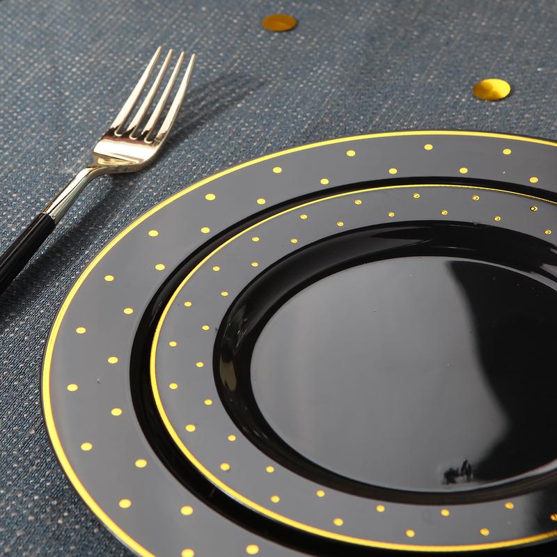 102Pcs  Disposable Plastic Black Gold plates, Including 51 Dinner Plates 10.25