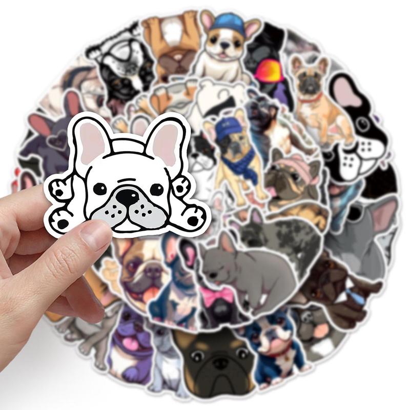 Cartoon French Dog Pattern Sticker, 50pcs Waterproof Self Adhesive Decor Paper, Decor Sticker for Gift Greeting Card Water Bottle Laptop Phone