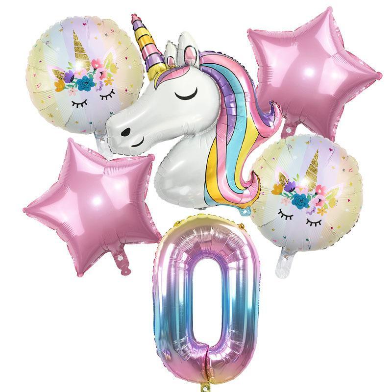 Unicorn Themed Balloon Kit, 6 Counts set Birthday Party Decoration Balloon, Number & Star Shaped Balloon, Party Decoration Supplies