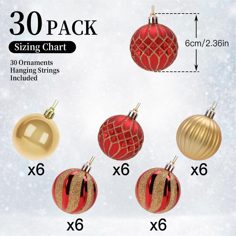 30-count 2.36-inch Christmas tree ball ornaments in red and gold, made from shatterproof plastic. Perfect for decorating Christmas trees, holiday parties, and wedding decorations. (Color: Red & Gold, Size: 60mm)