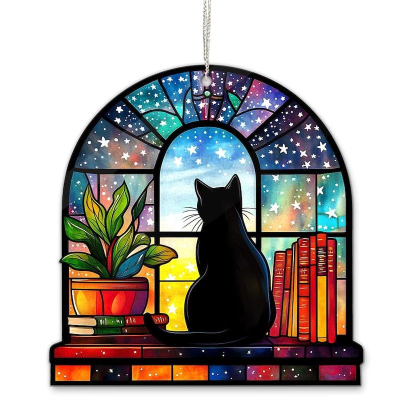 Black Cat Book Acrylic Window Hanging, Reading Black Cat Acrylic Window Hanging, Book Window Decor, Cat Book Lover Gift,Black Cat Lover Gift Hangable Ornaments