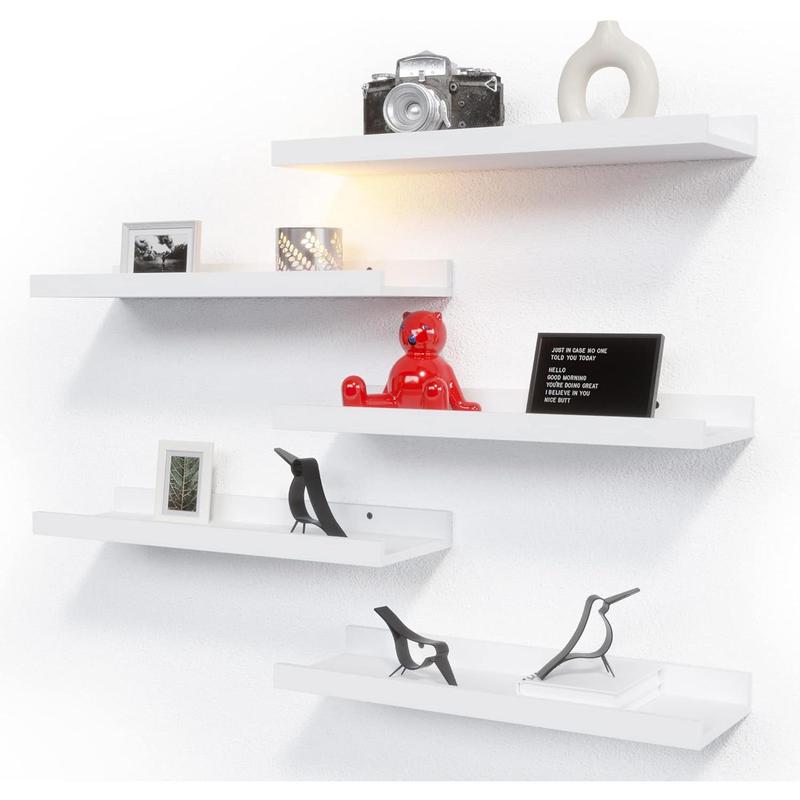 5 Set White Floating Shelves, Wall Mounted Shelves for Wall Decor, Modern Picture Ledge Shelf with Lip for Wall Storage , Bedroom, Living Room, Bathroom - White