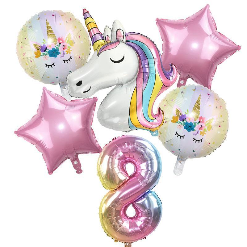 Unicorn Themed Balloon Kit, 6 Counts set Birthday Party Decoration Balloon, Number & Star Shaped Balloon, Party Decoration Supplies