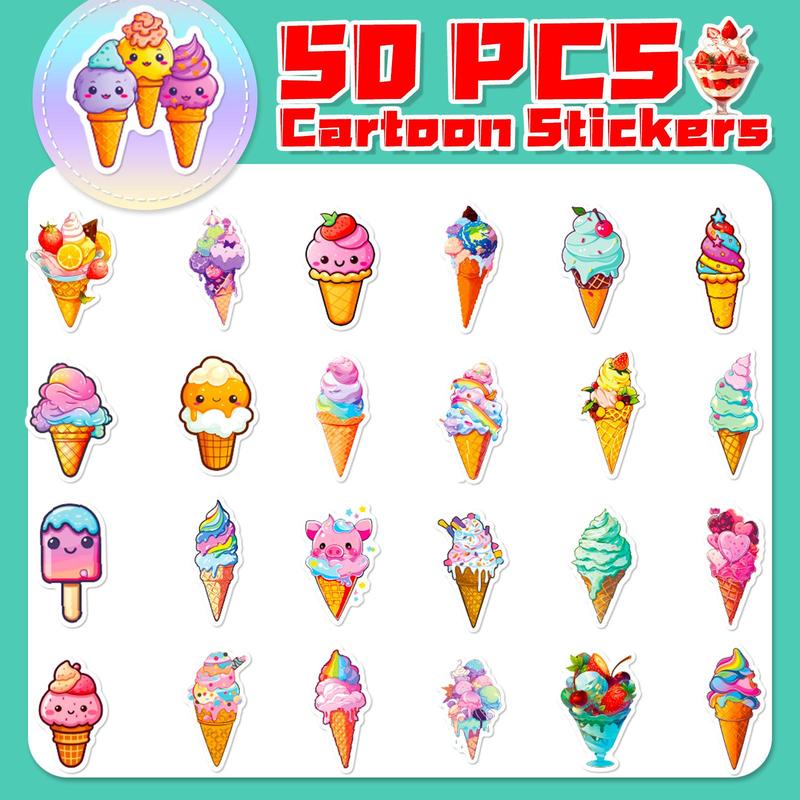 50pcs Cartoon Ice Cream Series Graffiti Sticker, Waterproof Cartoon Sticker, Decoration Sticker For Phone Case, Computer, Guitar, Bag, Water Cup, Scrapbook