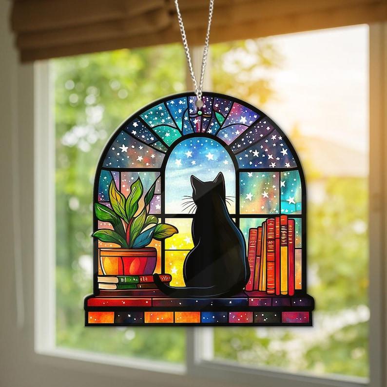 Black Cat Book Acrylic Window Hanging, Reading Black Cat Acrylic Window Hanging, Book Window Decor, Cat Book Lover Gift,Black Cat Lover Gift Hangable Ornaments