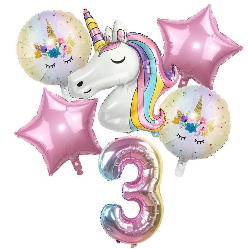 Unicorn Themed Balloon Kit, 6 Counts set Birthday Party Decoration Balloon, Number & Star Shaped Balloon, Party Decoration Supplies