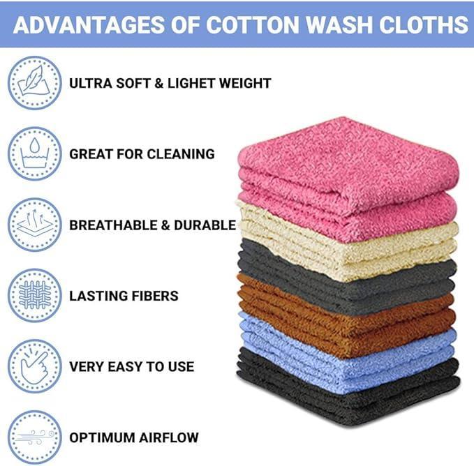 100% Cotton Wash Cloth Set, 24 Count Flannel Face Cloths, Highly Absorbent and Soft Feel Fingertip Towels, Highly Absorbent and Soft Feel Washcloths for Bathroom, Spa, Gym, and Face Towel Shower