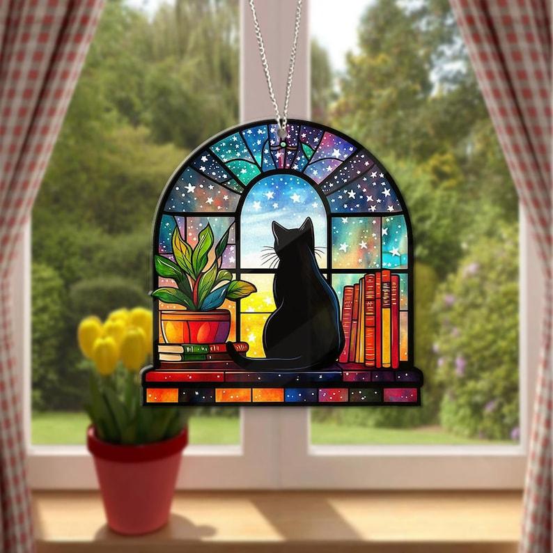 Black Cat Book Acrylic Window Hanging, Reading Black Cat Acrylic Window Hanging, Book Window Decor, Cat Book Lover Gift,Black Cat Lover Gift Hangable Ornaments