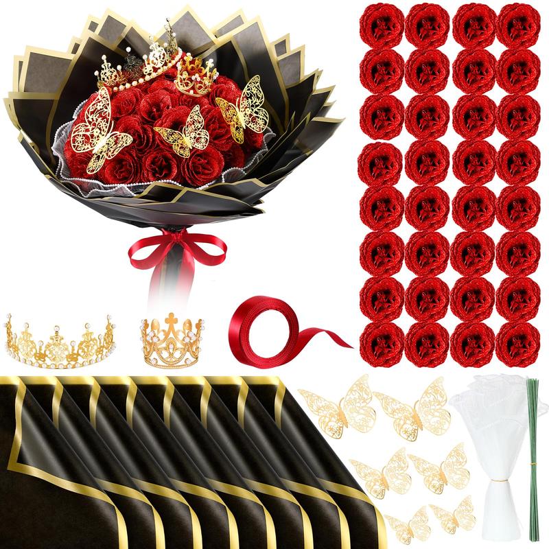 24 36 Pcs Glitter Roses Bouquet for Women Artificial Rose Flowers Bouquet DIY Fake Glitter Roses with Flower Wrapping Paper 3D 6Pcs Butterflies Crowns for Lover Girlfriend for Birthday Valentine's Day Christmas Anniversary Wedding