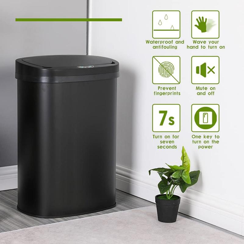 Stainless Steel Kitchen Trash Can Bathroom Bedroom Office Waste Bin with Lid Automatic Sensor Touch Free Garbage Can 13 Gallon   50L,Black